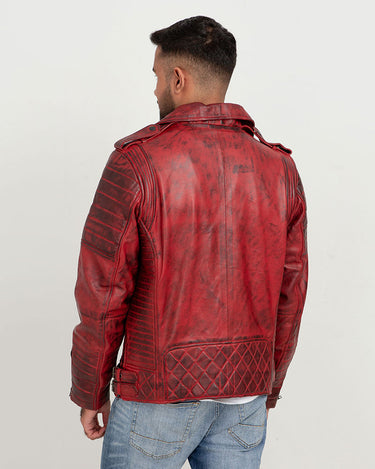 Orson Burgundy Distressed Biker Leather Jacket - Back