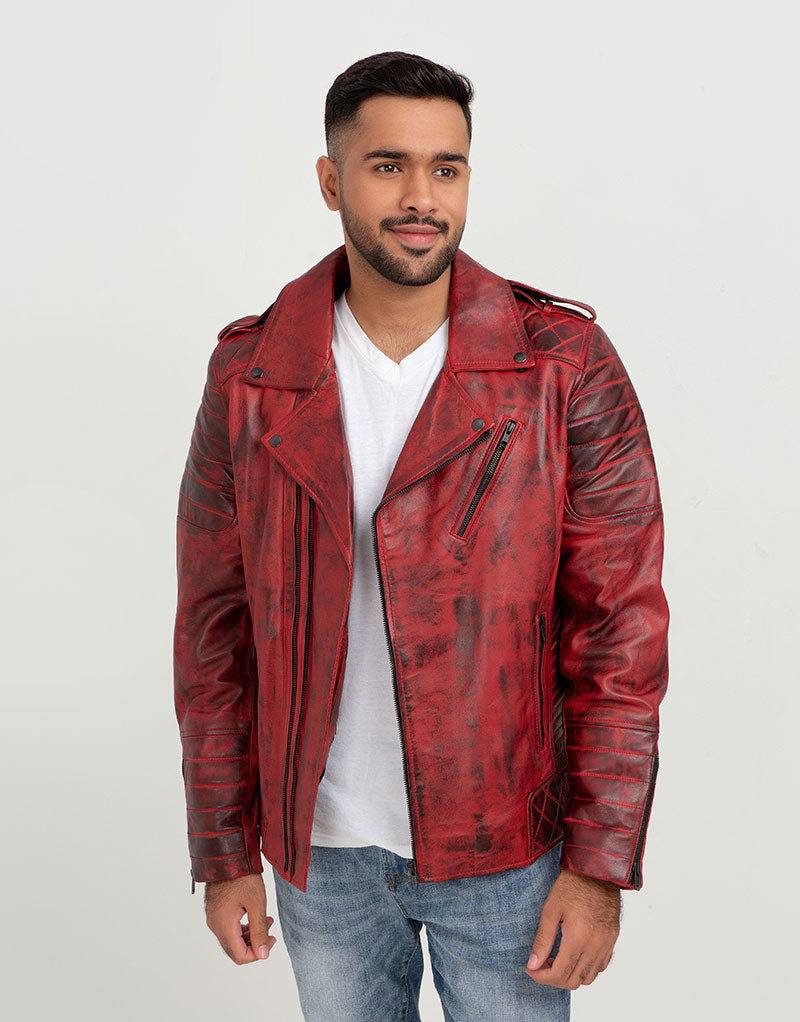 Orson Burgundy Distressed Biker Leather Jacket - Front