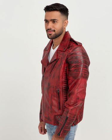 Orson Burgundy Distressed Biker Leather Jacket - Left