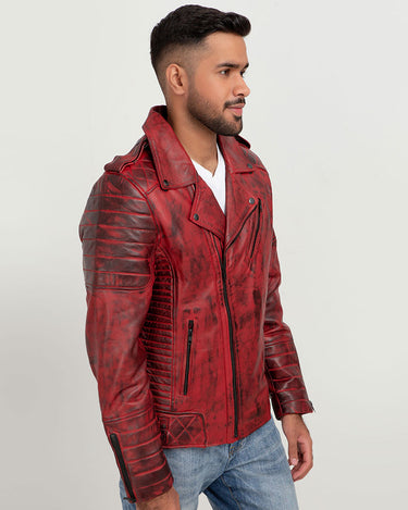 Orson Burgundy Distressed Biker Leather Jacket - Right