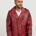 Orson Burgundy Distressed Biker Leather Jacket - Zipped