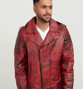 Orson Burgundy Distressed Biker Leather Jacket - Zipped