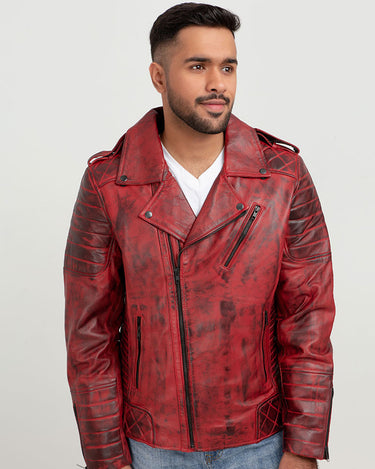 Orson Burgundy Distressed Biker Leather Jacket - Zipped