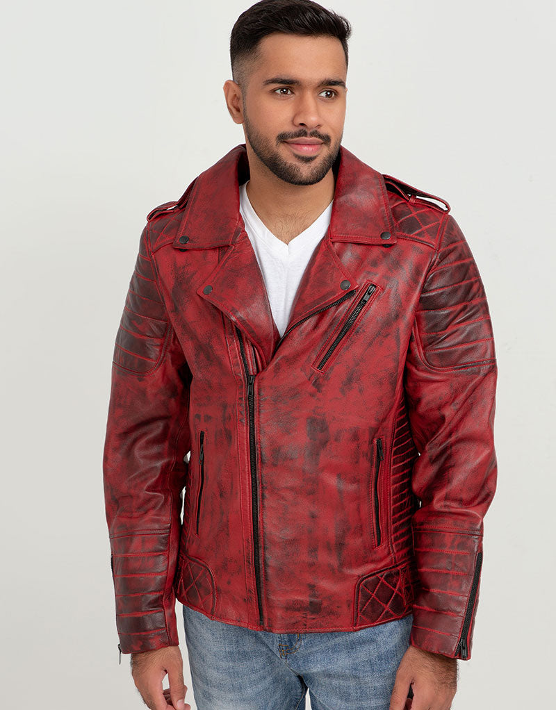 Orson Burgundy Distressed Biker Leather Jacket - Zoom