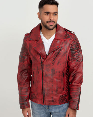 Orson Burgundy Distressed Biker Leather Jacket - Zoom