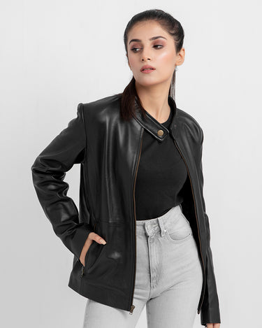 Prim-Rose Black Leather Biker Jacket - Front Open