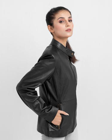 Prim-Rose Black Leather Biker Jacket - Left