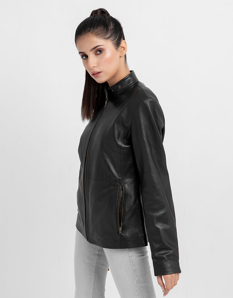 Prim-Rose Black Leather Biker Jacket - Right