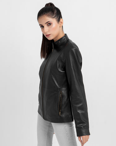 Prim-Rose Black Leather Biker Jacket - Right