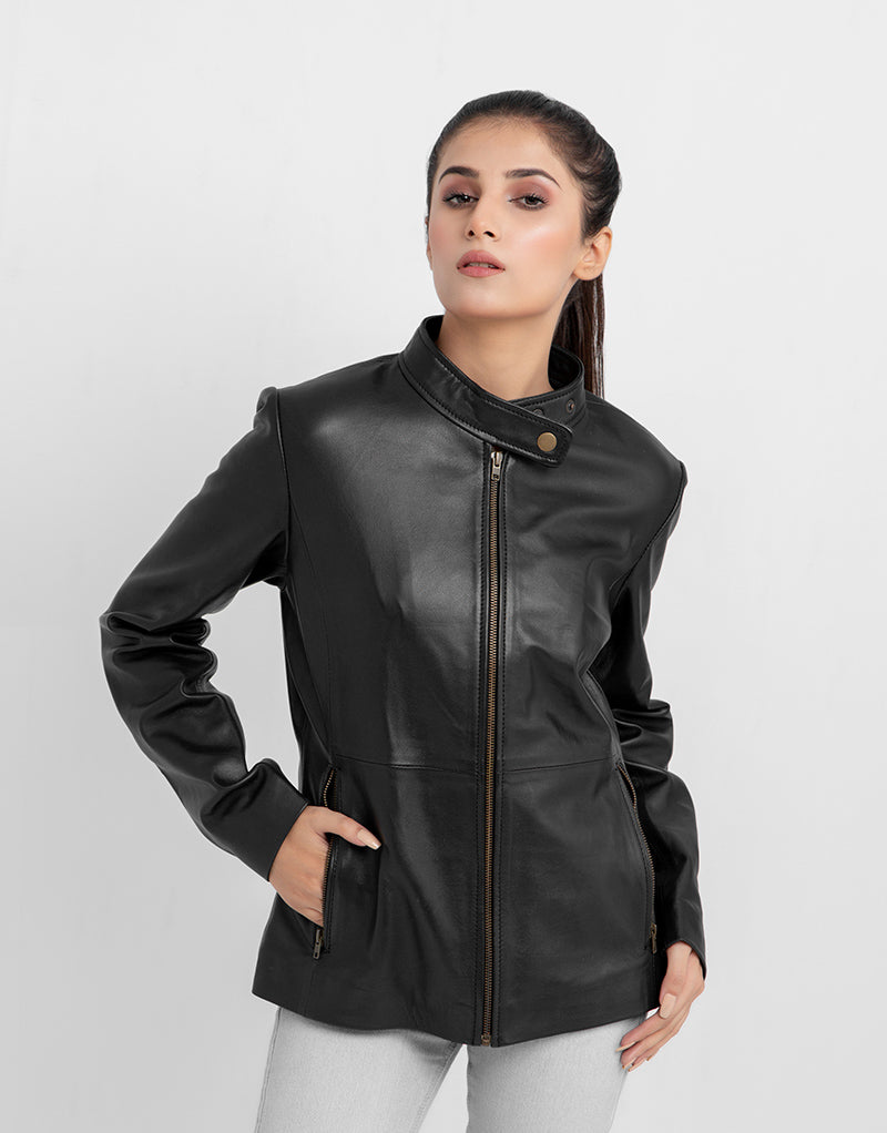 Prim-Rose Black Leather Biker Jacket - Zipped