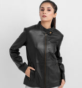 Prim-Rose Black Leather Biker Jacket - Zipped