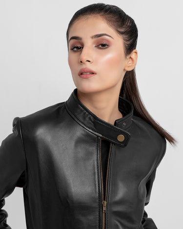 Prim-Rose Black Leather Biker Jacket - Zoom