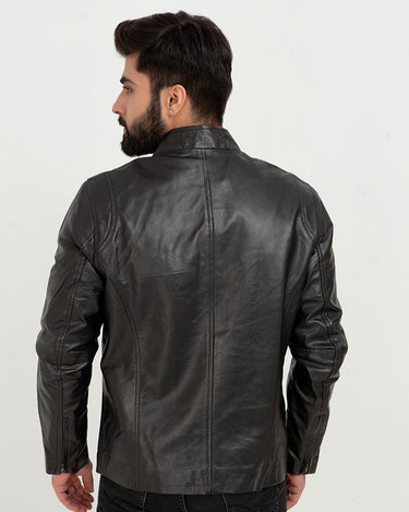 Raul Slim-Fit Ionic Black Leather Jacket - Back