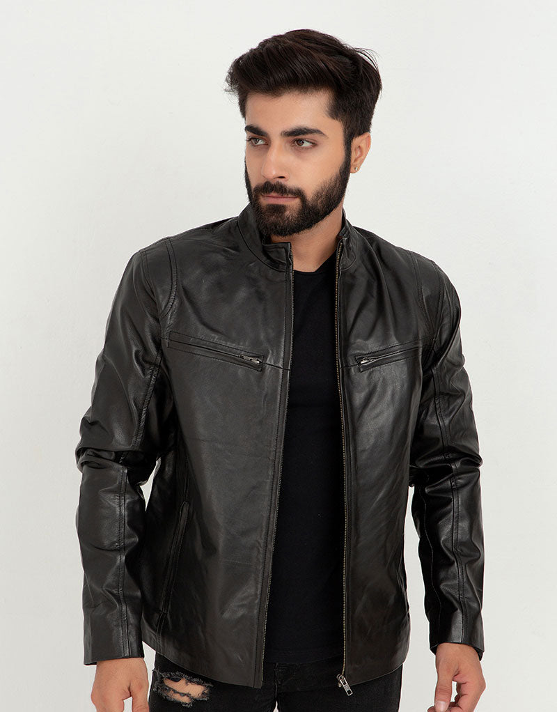 Raul Slim-Fit Ionic Black Leather Jacket - Front