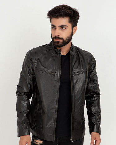 Raul Slim-Fit Ionic Black Leather Jacket - Front