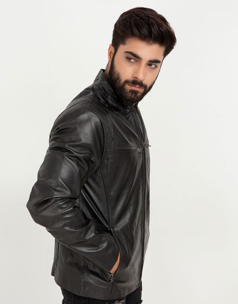 Raul Slim-Fit Ionic Black Leather Jacket - Left