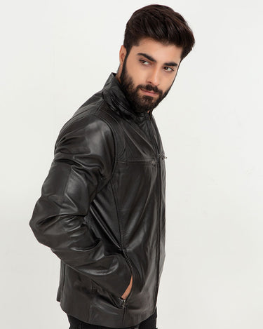 Raul Slim-Fit Ionic Black Leather Jacket - Left