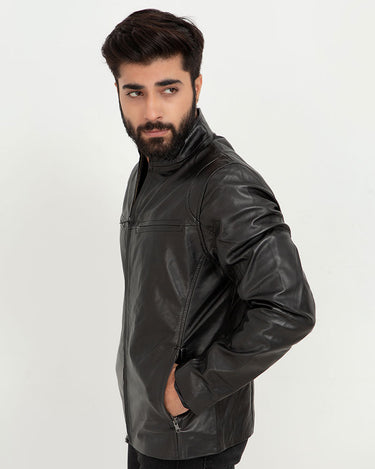 Raul Slim-Fit Ionic Black Leather Jacket - Right