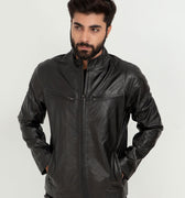 Raul Slim-Fit Ionic Black Leather Jacket - Zipped