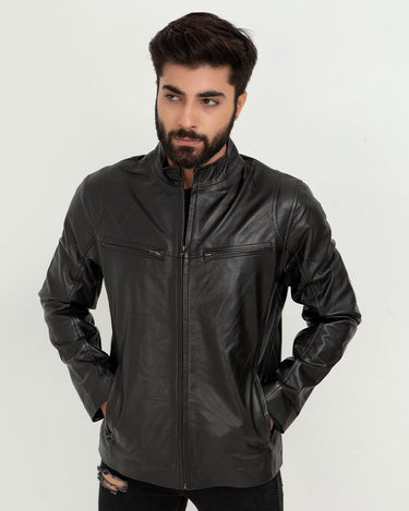 Raul Slim-Fit Ionic Black Leather Jacket - Zipped