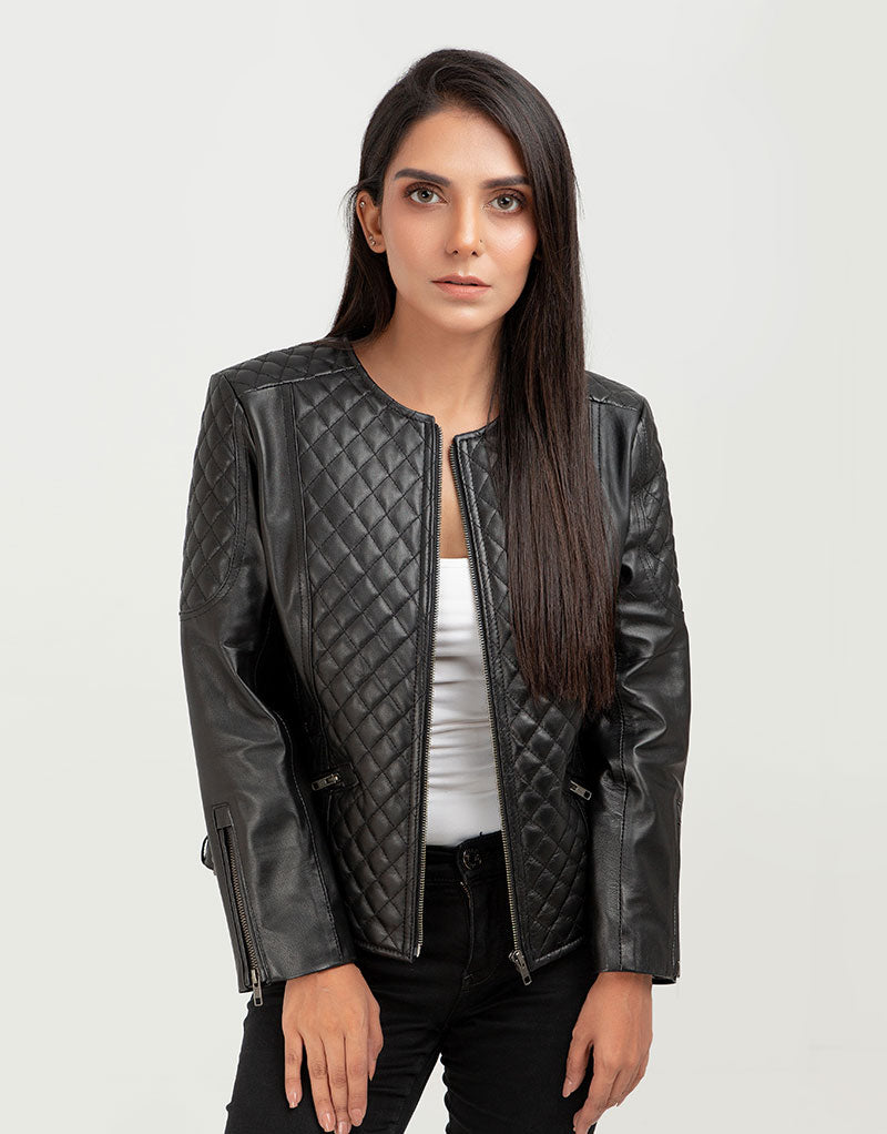 Renaissance Quilted Black Leather Moto Jacket - Front