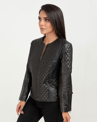 Renaissance Quilted Black Leather Moto Jacket - Left