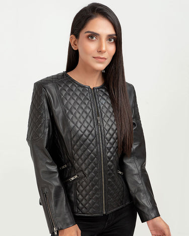 Renaissance Quilted Black Leather Moto Jacket - Zoom