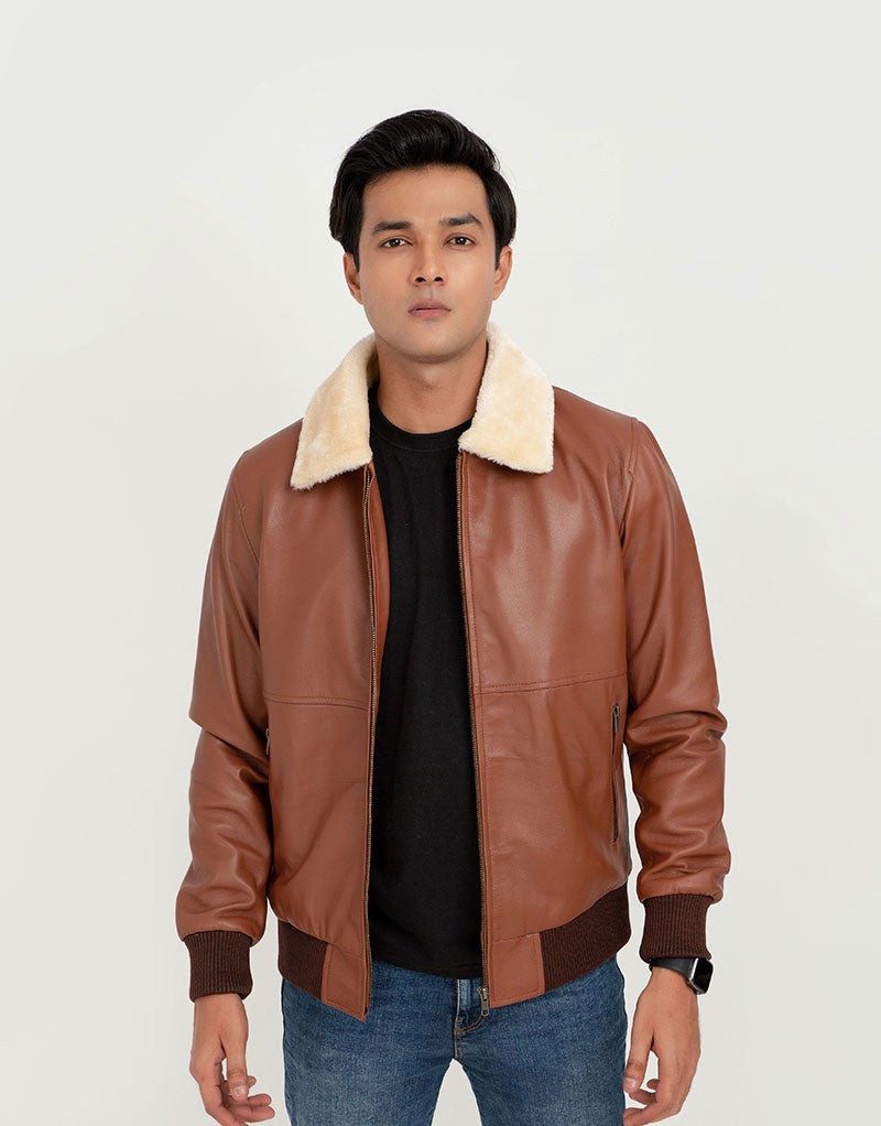 Rowan Brown Aviator Leather Jacket - Front