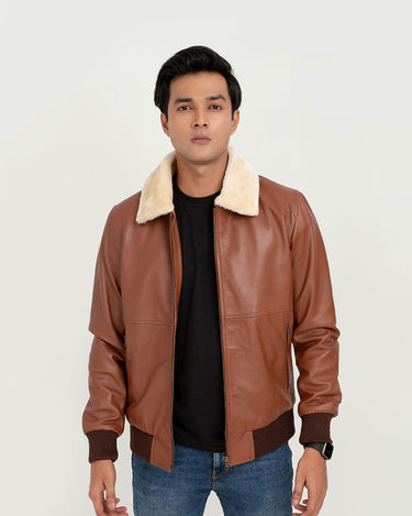 Rowan Brown Aviator Leather Jacket - Front