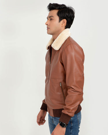 Rowan Brown Aviator Leather Jacket - Left