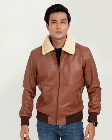 Rowan Brown Aviator Leather Jacket - Zipped