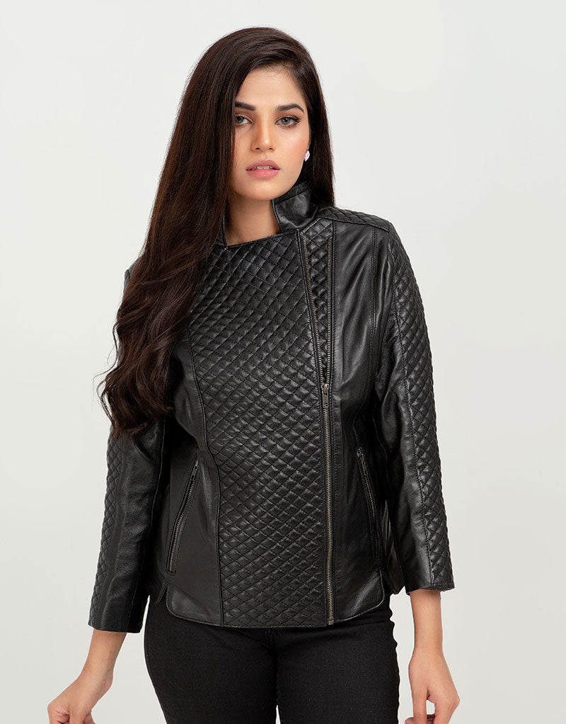 Roxette Quilted Black Slim Leather Jacket - Front