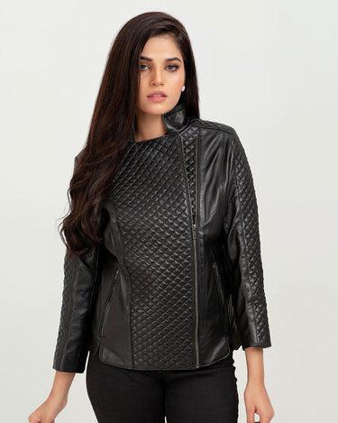 Roxette Quilted Black Slim Leather Jacket - Front