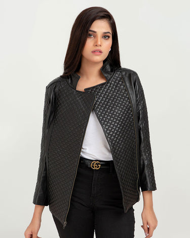 Roxette Quilted Black Slim Leather Jacket - Open