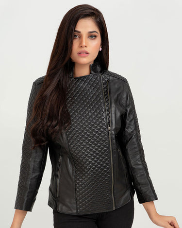 Roxette Quilted Black Slim Leather Jacket - Zoom