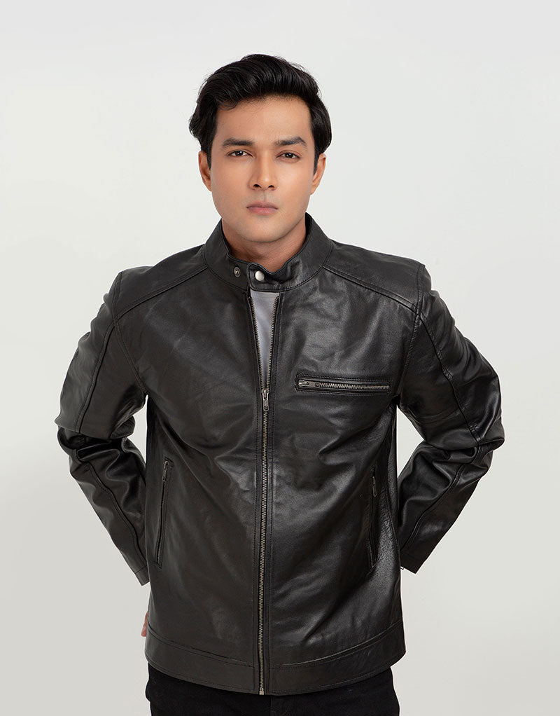 Ryerson Black Leather Biker Jacket - Zipped