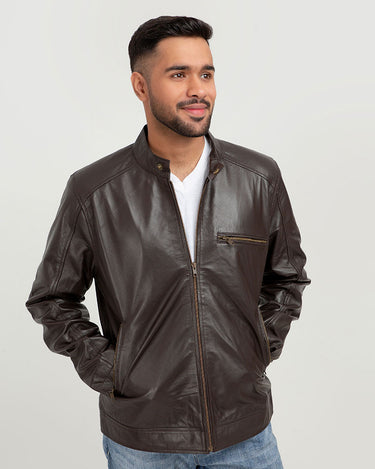 Ryerson Brown Leather Biker Jacket - Zipped