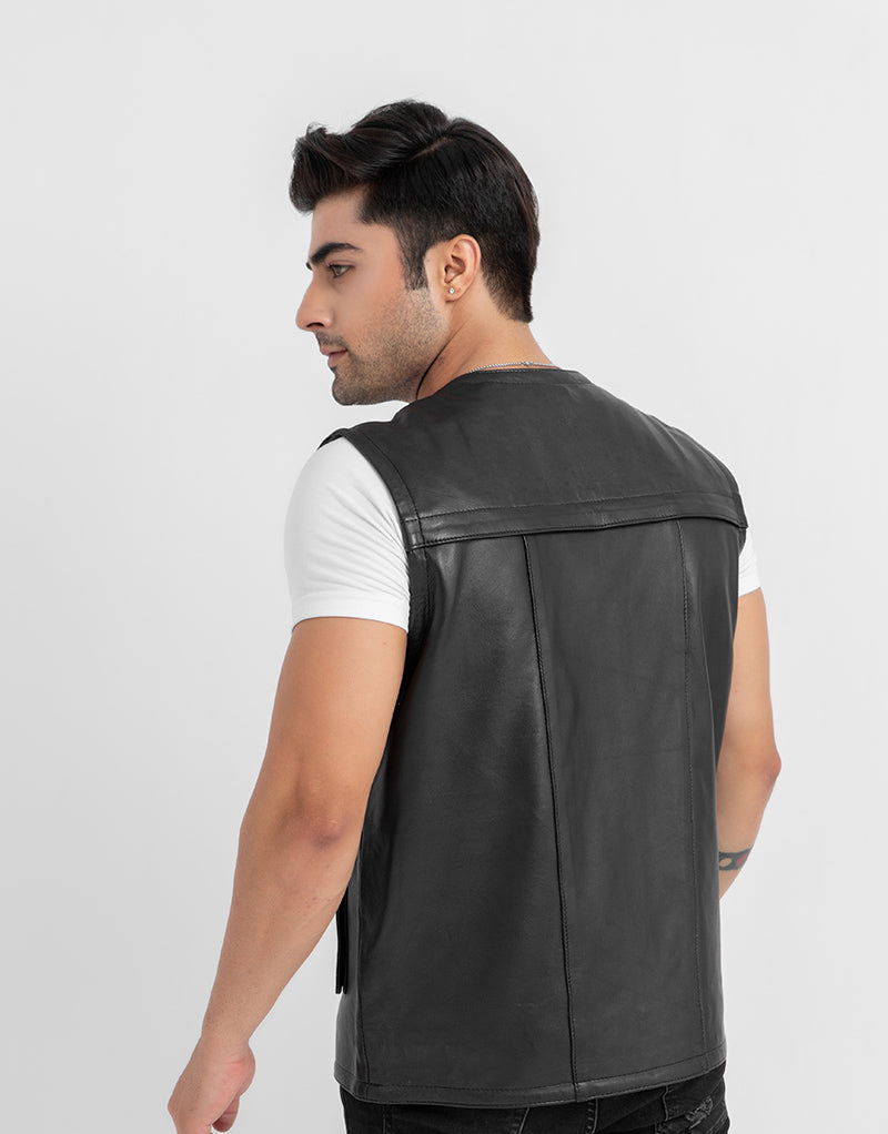 Safari Hunting Black Leather Handy Vest - Back