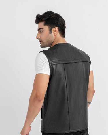 Safari Hunting Black Leather Handy Vest - Back