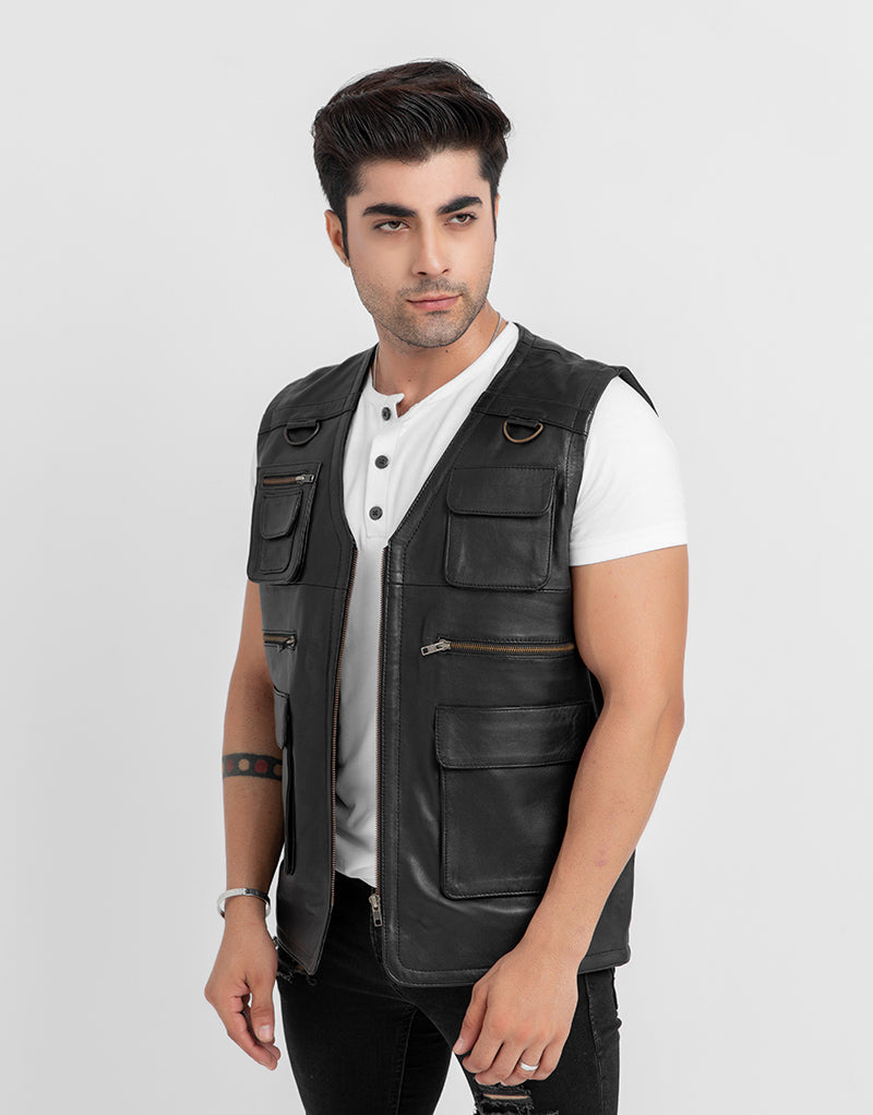 Safari Hunting Black Leather Handy Vest - Front