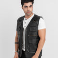 Safari Hunting Black Leather Handy Vest - Front