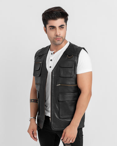 Safari Hunting Black Leather Handy Vest - Front