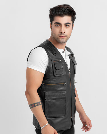 Safari Hunting Black Leather Handy Vest - Left