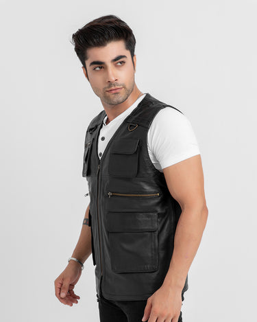 Safari Hunting Black Leather Handy Vest - Right