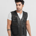 Safari Hunting Black Leather Handy Vest - Zipped