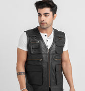 Safari Hunting Black Leather Handy Vest - Zipped