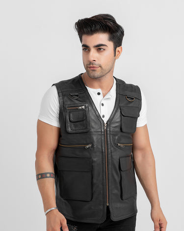 Safari Hunting Black Leather Handy Vest - Zipped