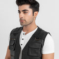 Safari Hunting Black Leather Handy Vest - Zoom