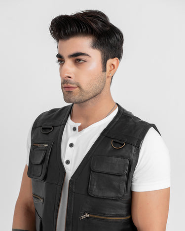 Safari Hunting Black Leather Handy Vest - Zoom