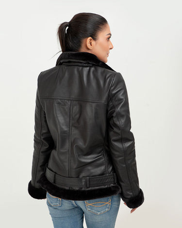 Serena Aviator Black Leather Jacket - Back